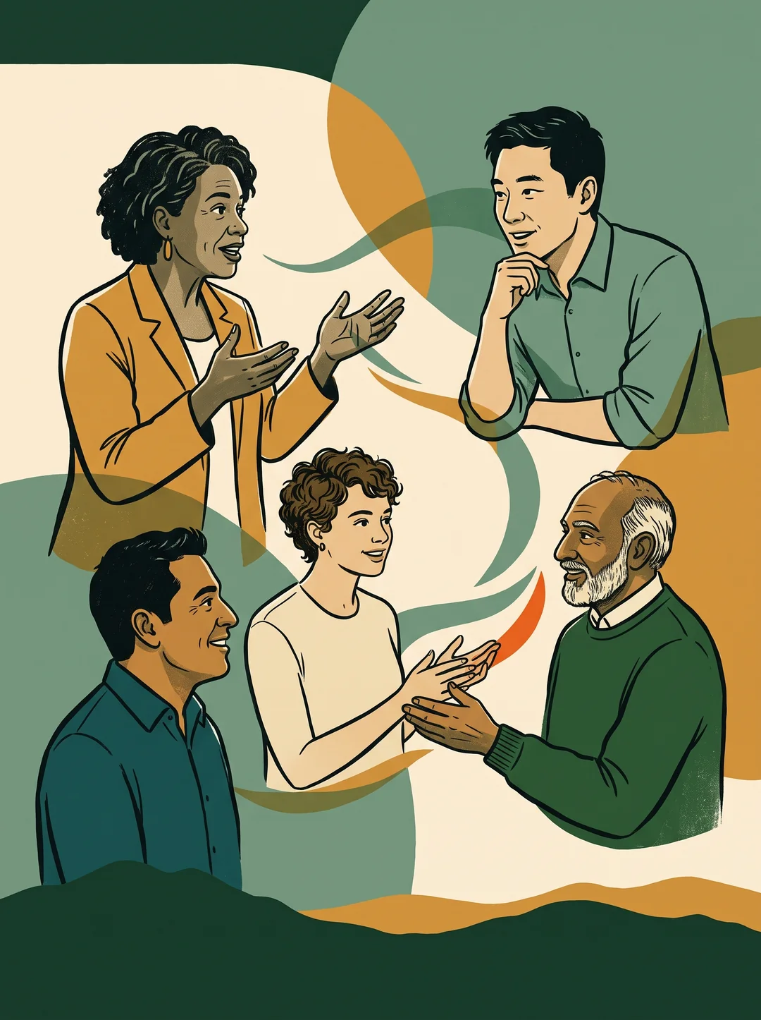 Illustration of people exchanging ideas, with flowing green and gold shapes above Gippsland-inspired hills.